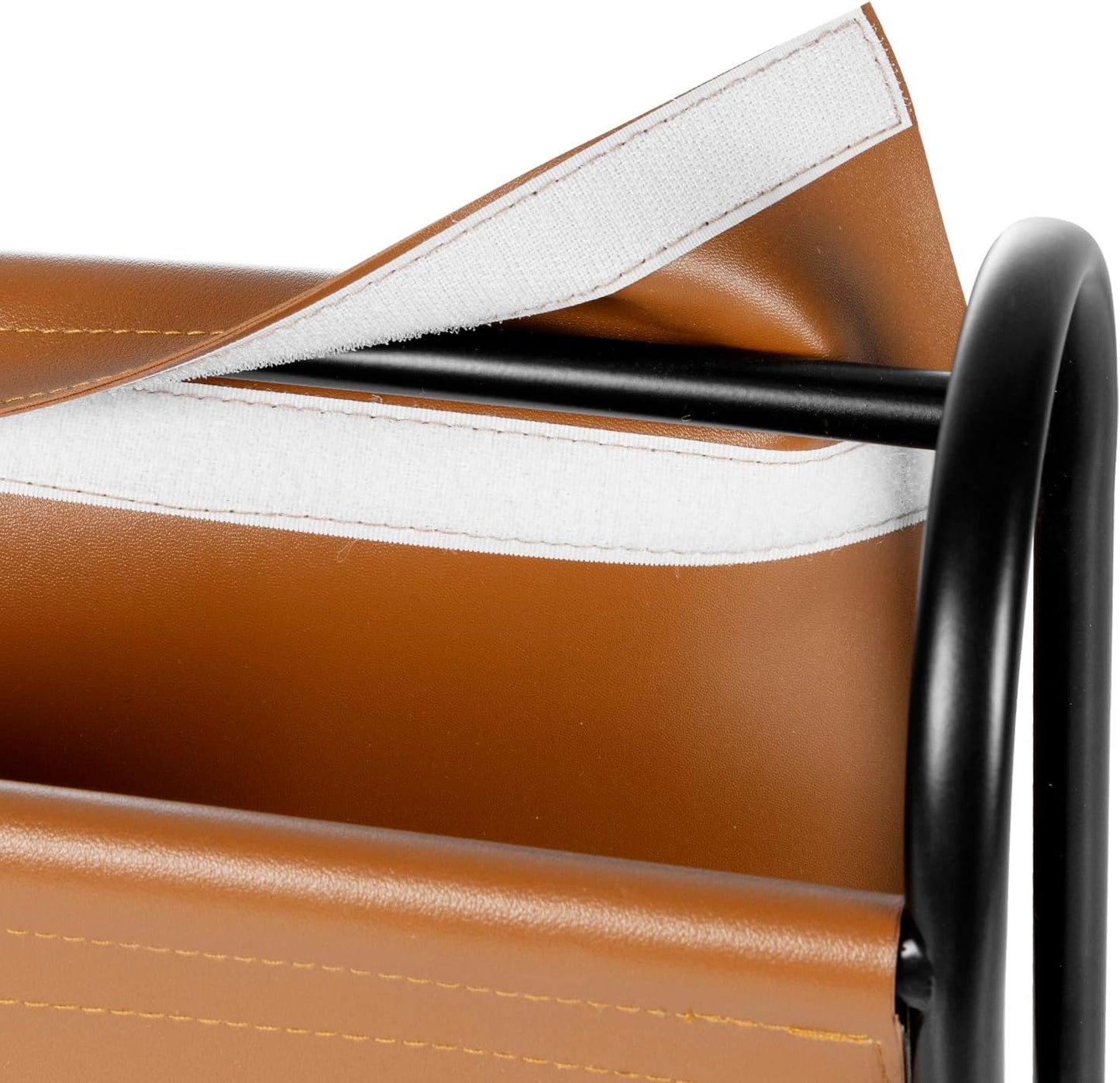MyGift 15 Inch Modern Caramel Leatherette and Black Metal Magazine Holder with Round Handles, Floor Standing Faux Leather Book Storage Newspaper Rack, Home Bathroom Decor