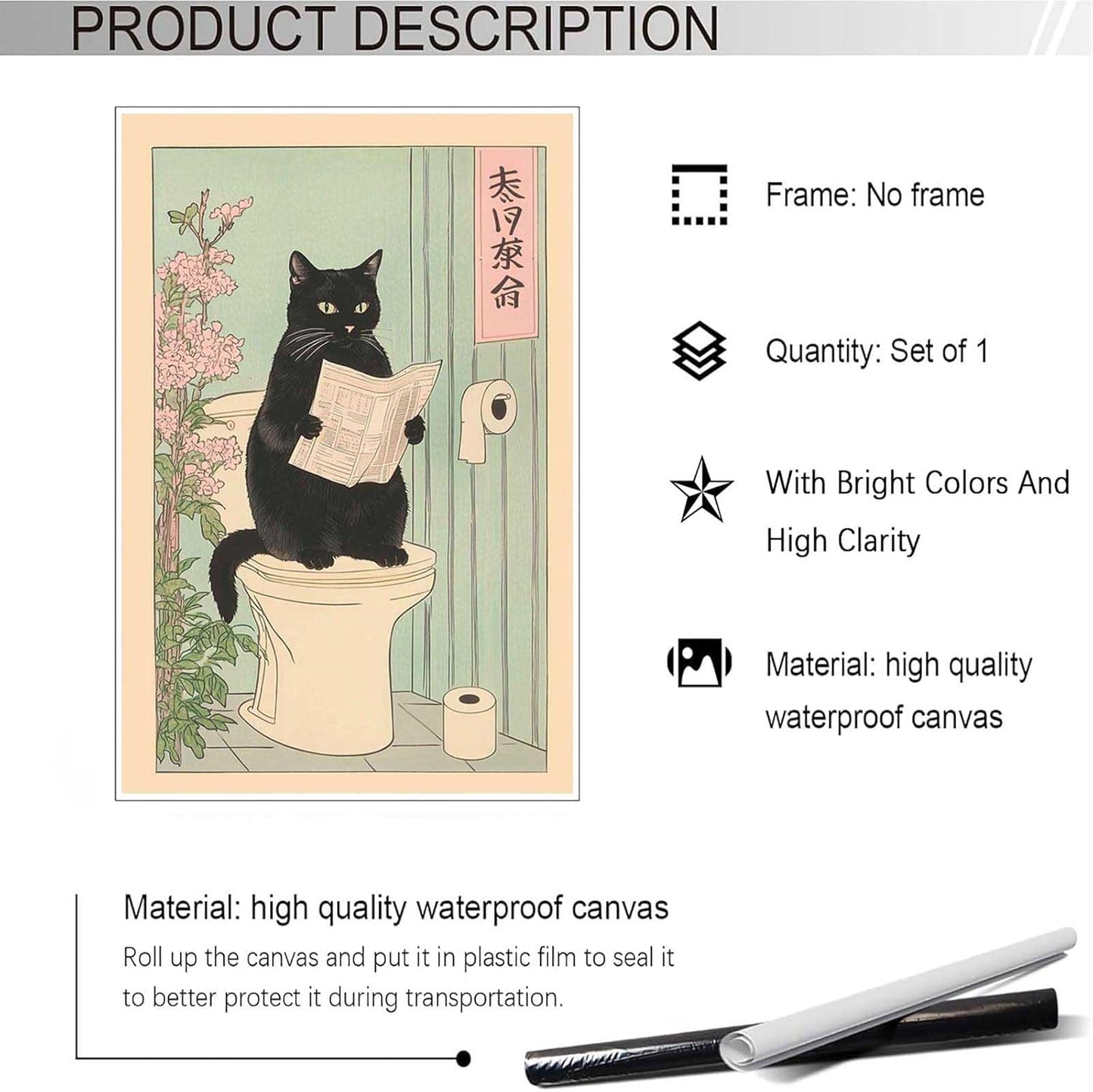 Japanese Black Cat Reading Newspaper Canvas Wall Animal Sitting On The Toilet Poster Aesthetic Minimalism Prints Painting For Bathroom Home Bedroom Dorm Wall Decor 12x16in Unframed
