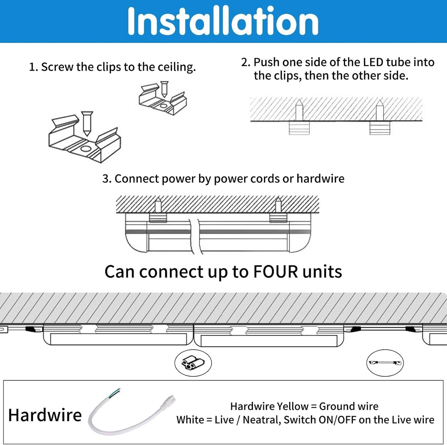 Led Shop Lights,Led Shop Lights 4FT 50W 6500K 7000LM Clear White,Shop Light 4FT 110V Linkable Integrated V-Shape for Shop Garage,Warehouse,Workbench and Workshop Commercial Bay Lighting(4-Pack)
