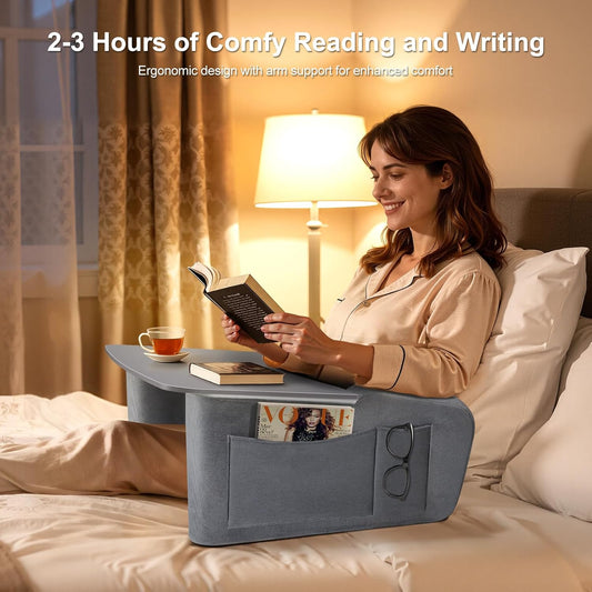 Reading Pillow for Gaming with Ergonomic Arm Rests, Wooden Lap Desk for Laptop, Support Pillow with Side Pockets for Reading, Writing, Working, Gaming on Bed, Couch or Floor (Gray, Large)