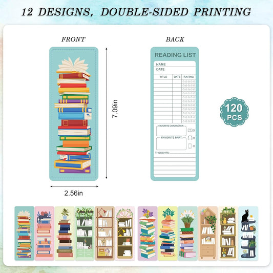 120Pcs Reading List Bookmarks, 2.56 x 7.09in Book Tracker Bookmark, Double-Sided Bookshelf Book Marks Bulk, Back-to-School Supplies, Gifts for Book Lovers, Women, Students, Teachers