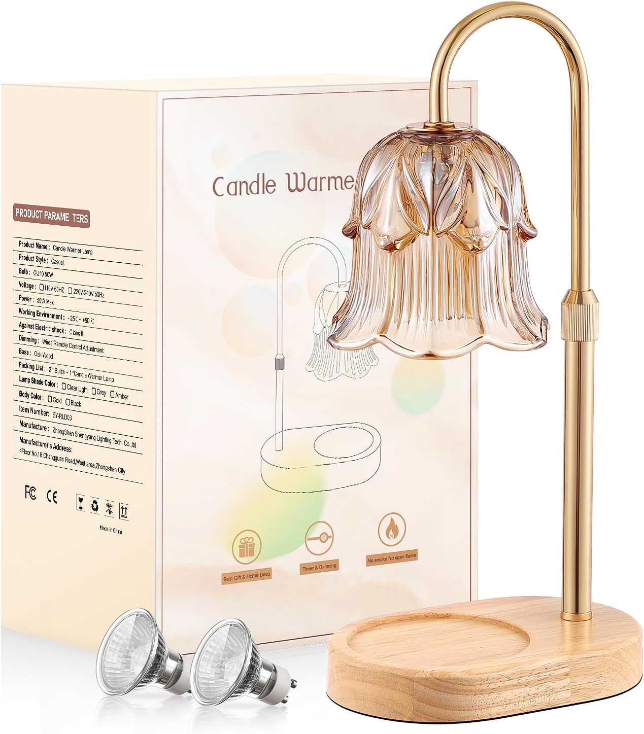 Candle Warmer Lamp Adjustable Timer - Electric Flower Glass Candles Warmers Adjustable Height Dimmable Vintage Base Modern Wax Candles Top Warmers for Small Jar Scented Wax Melts