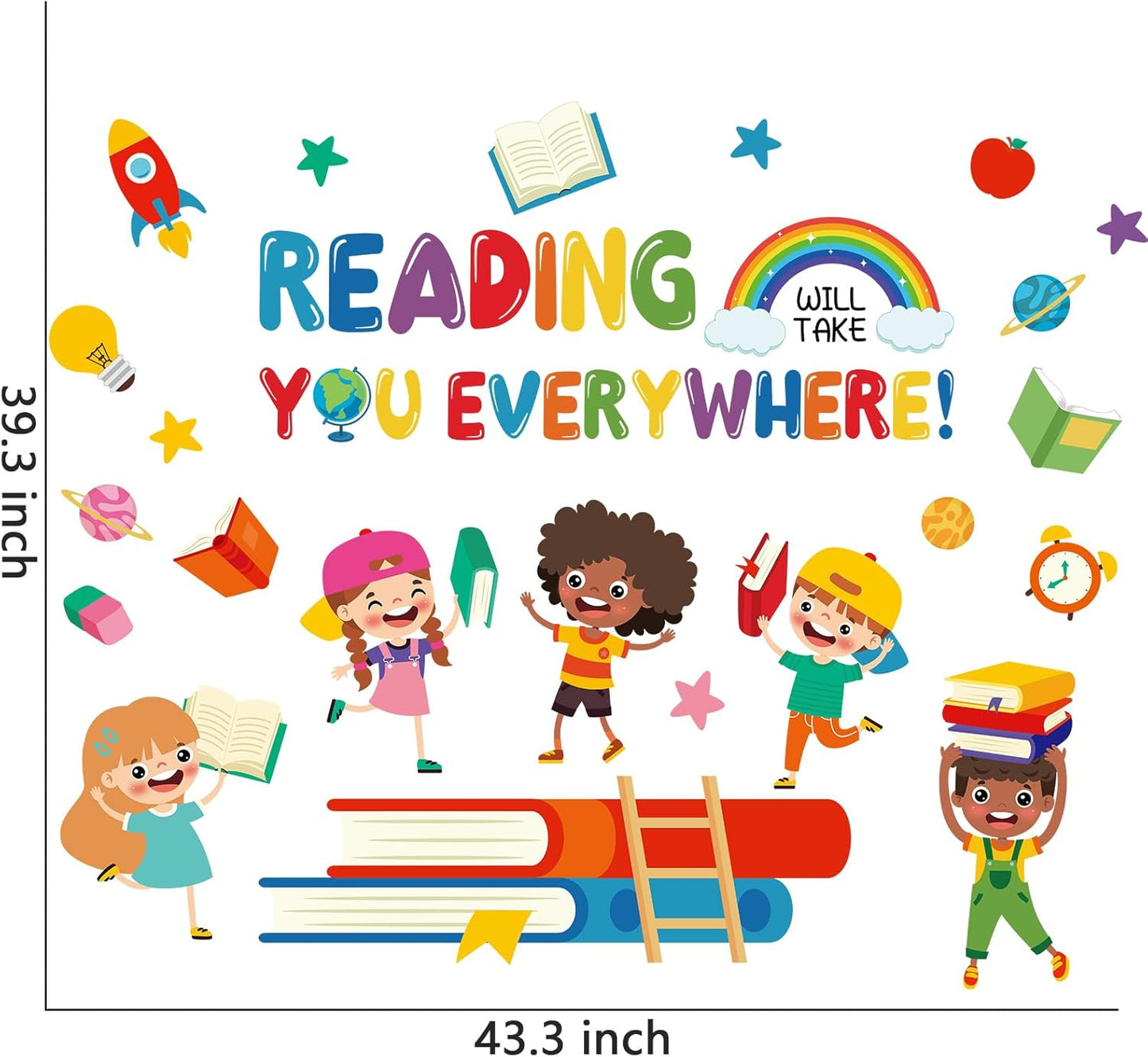 Reading Everywhere Wall Stickers - Inspirational Quotes Rainbow Book Wall Decals - Baby Nursery Kids Room Daycare Playroom Classroom Wall Decor (Read)