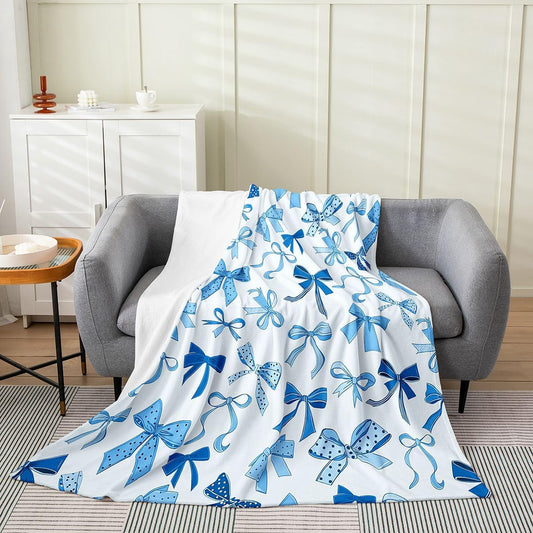 Feelyou Cute Bow Fleece Throw Blanket Bowknot Flannel Blanket Plush Fuzzy Blue Bow for Bed Couch Chair Living Room Kawaii 40"x50" Bedroom Decor