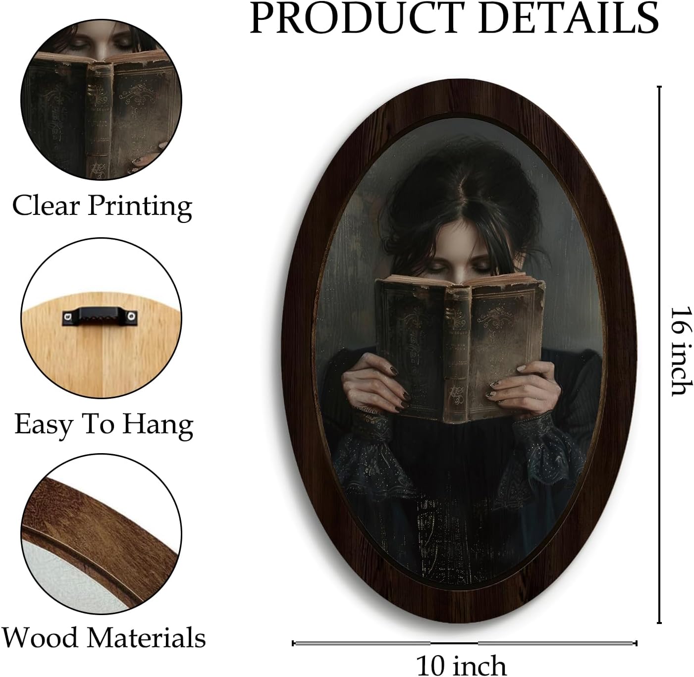 KDHTY Vintage Dark Academia Canvas Oval Wall Art Gothic Victorian Woman Reading Book Poster,Aesthetic Dark Moody Girl Painting Picture Wall Decor for Library Corner Bedroom Dorm Living Room,15.7x10.2