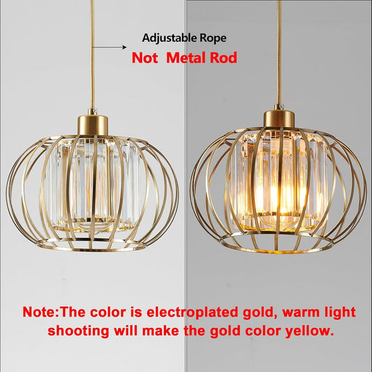 Gold Pendant Light Fixture, Modern Crystal Pendant Lights Kitchen Island, 1-Light Farmhouse Mini Chandelier, Adjustable Brass Hanging Light Fixture for Hallway, Bedroom, Dining Room