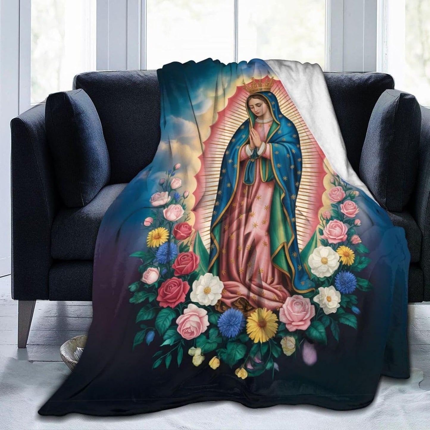 Our Lady of Guadalupe Throw Blanket, Religious Art Floral Design, Soft Cozy for Couch Bed - 60"x50"