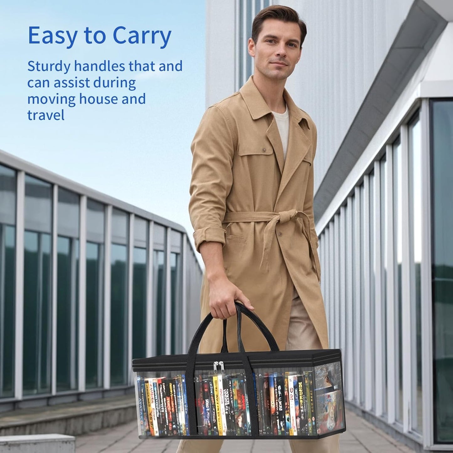 DVD Storage Bags, Media Organizer Bags for DVDs, CDs, Blu Ray Disc, Movie Cases, VHS Box, Video Game Disks, Albums, Books, Clear Plastic Holders with Carrying Handles (Black, 4Pack)
