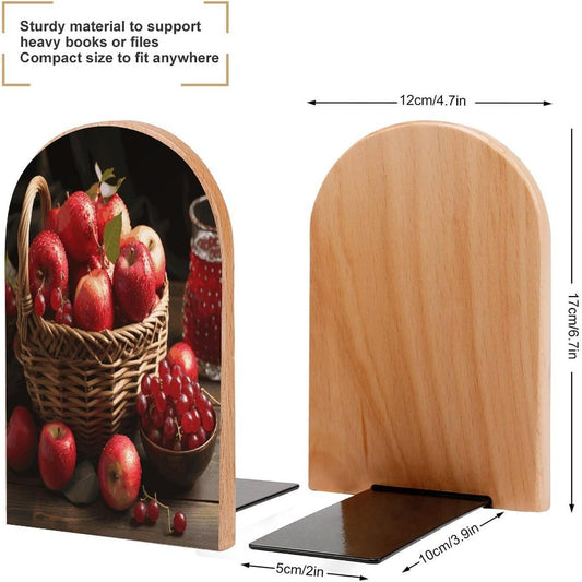 Red Fruit in A Basket Bookend for Shelves Wooden Book End Large Size Sturdy Book Holders Stoppers with Metal Base for Bookshelves Slick Decorative Bookends Stands