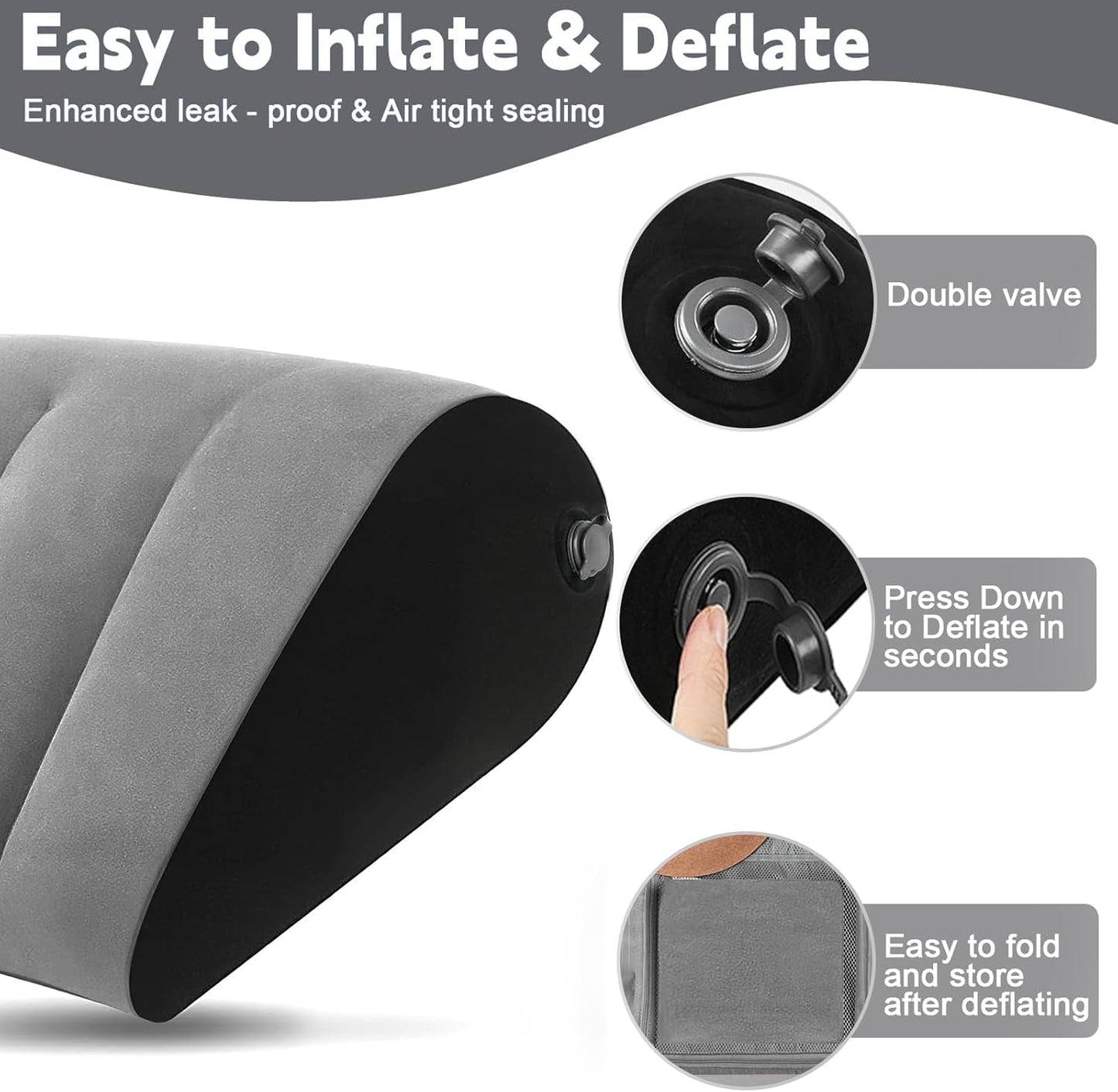 TheClover Inflatable Wedge Pillow for Sleeping – Portable Bed Cushion for Acid Reflux Relief, Back & Leg Support, Compact Camping & Airplane Pillow (Grey)