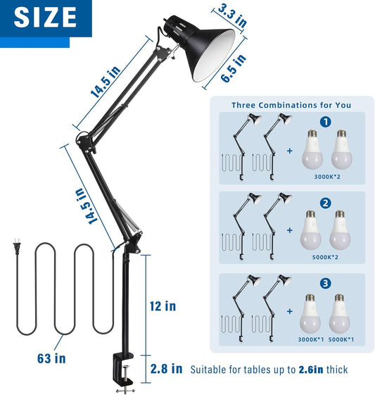 Hypool 2 Pack Desk Lamp w/A19 E26 LED Bulb for Home Office Eye-Caring Metal Extra Tall Swing Arm High Intensity Clamp Flexible Gooseneck Side Table Working Reading Computer Workbench 3000K Warm Light