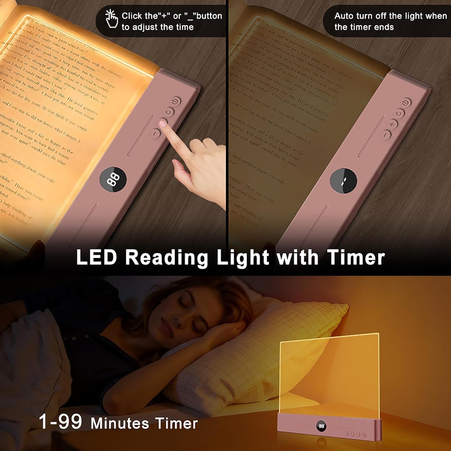 LED Book Light and Night Light 2 in 1, USB Rechargeable Clear Flat Book Light with 3 Colors & Timer, Dimmable Book Lights for Reading at Night, Scratch-Resistant, Eye-Care (Pink)