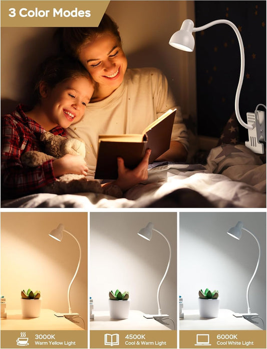 Clip on Lamp USB Reading Light, 3 Color Modes, 10 Brightness Dimmable, 360° Flexible Desk Lamp with Clamp, Eye Care Clip on Light for Bed Desk Headboard Home Dorm White