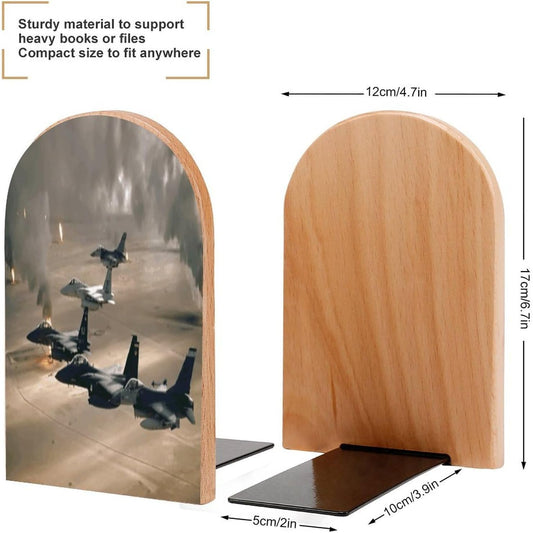Jet Fighter Wooden Bookend Non-Slip Book Ends Heavy Duty Book Stopper with Metal Base Books Holderd Decorative Bookends Stands Firmly for Office Supplies