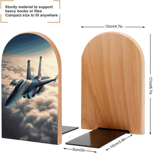 Non-Slip Bookend for Shelves Aircraft Fighter Jets Wooden Bookends with Metal Base Decorative Book Stopper for Home Heavy Duty Wood Book Storage for Books/CDs