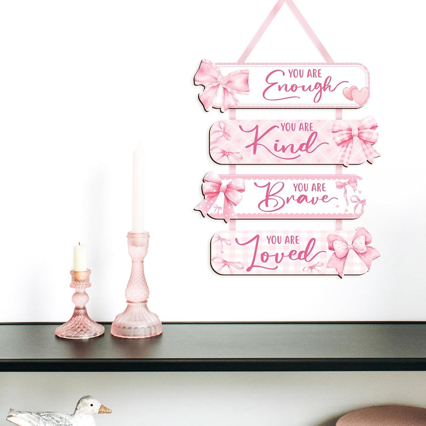 Girl Room Decor Wooden Wall Hanging Signs, Inspirational Quotes Wall Art with Bow Design, You Are Enough Kind Brave Loved, Bedroom Dorm Decor for Girls