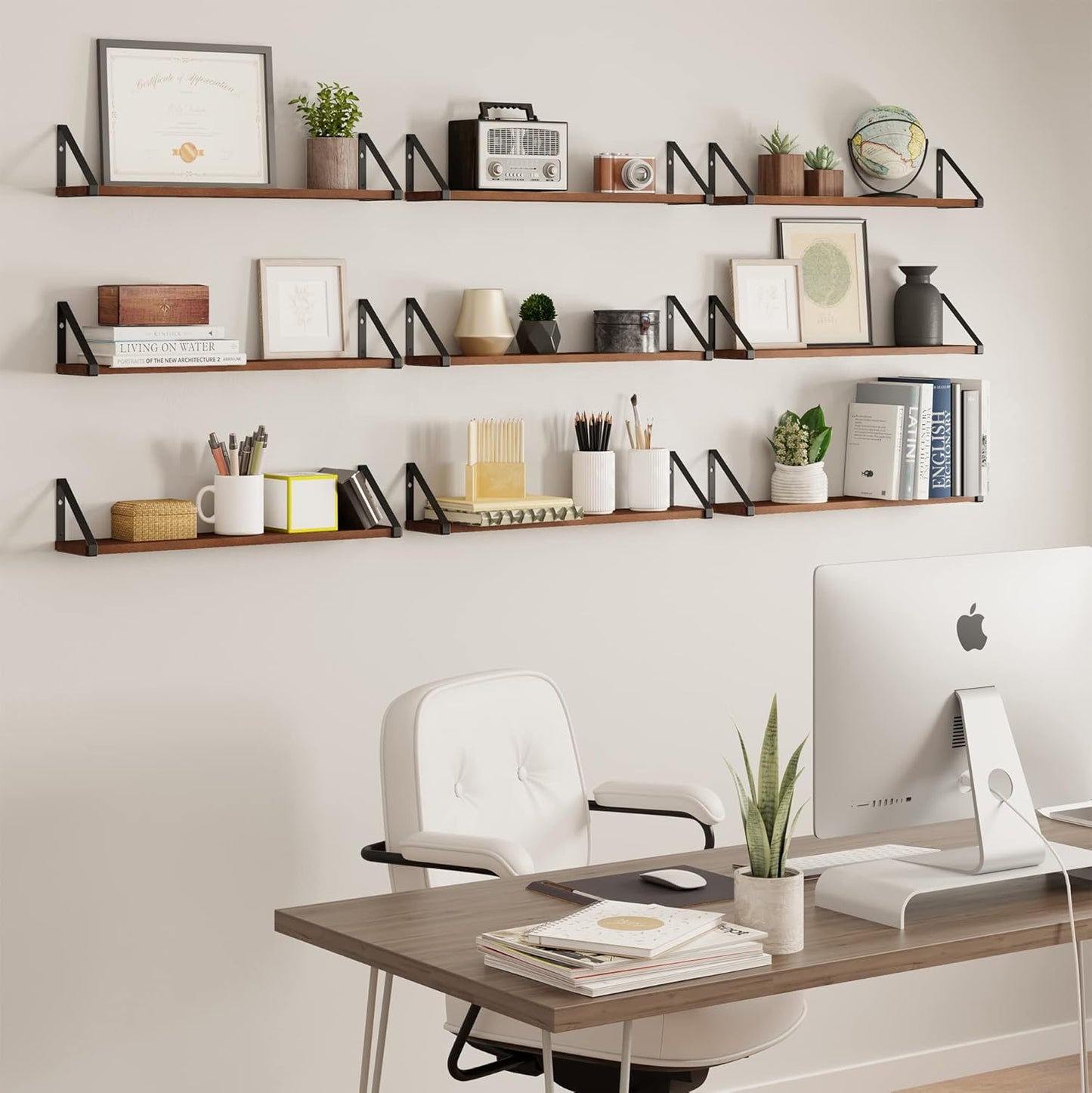 Wallniture Ponza Floating Shelves, Bookshelf for Living Room Decor, Kitchen Organization, Wall Shelves, Dining Room & Office Wall Decor, Walnut 24"x4.5" Set of 9