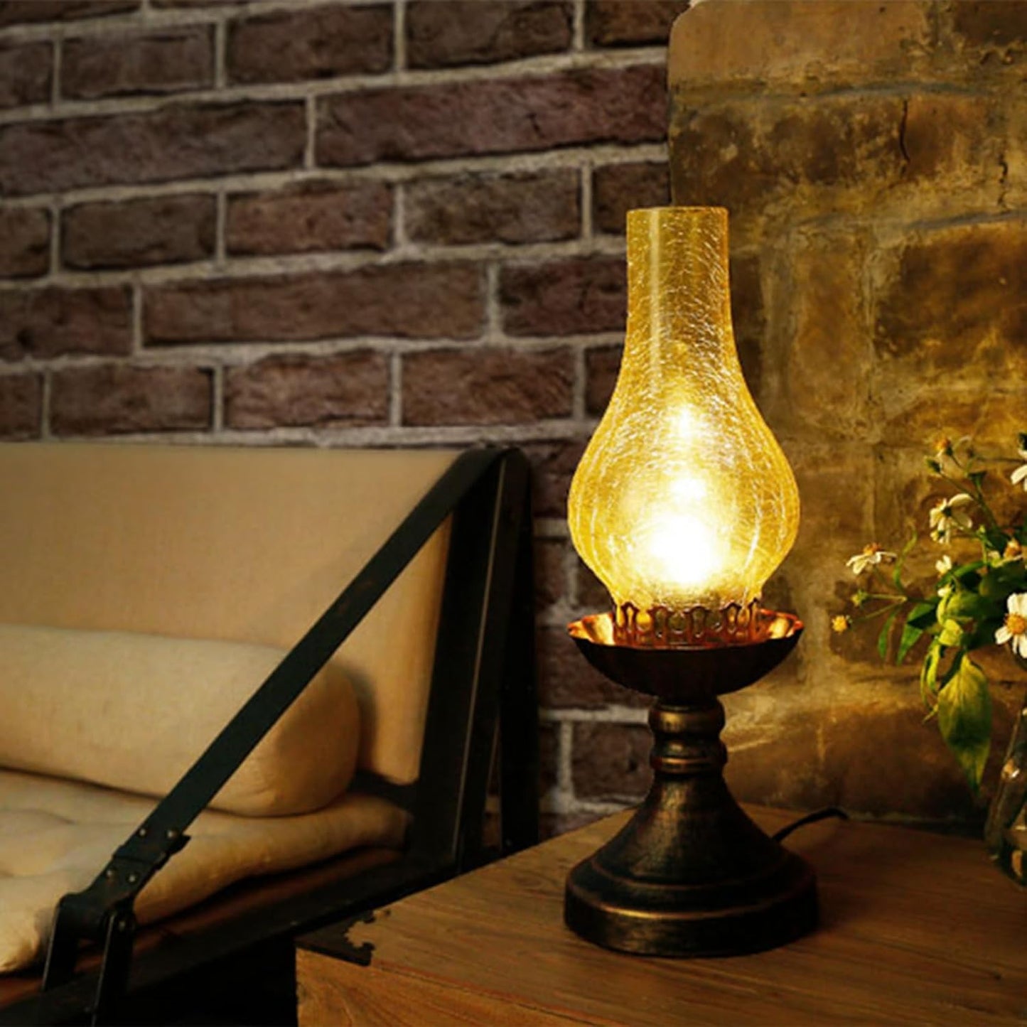 Medieval Vintage Antique Bedside Hurricane Table Lamp,Victorian Retro Amber Glass Lanterns Desk Lamp-Brown Antique Copper