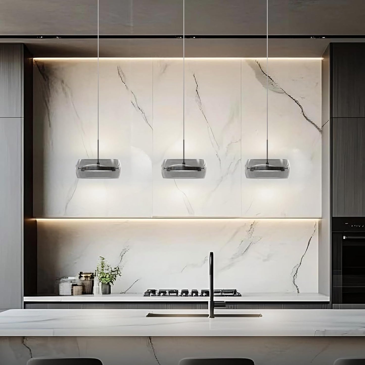 모던 펜던트 조명 주방 아일랜드, 양면 LED 3-CCT 조도 조절 가능한 훈제 유리 벽걸이 조명 기구, 다이닝 룸, 바, 테이블 위, 경사진 천장 크롬 실버