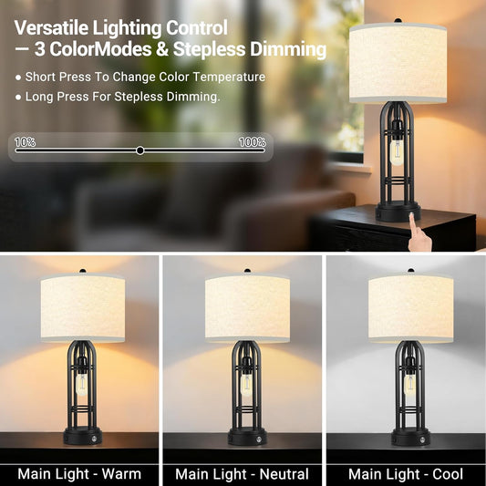 Black Table Lamps Set of 2, Table Lamp with USB Port, 3 Color Temperatures, Stepless Dimming, Bedside Lamps, Bedroom Lamps, Farmhouse Lamps for Living Room(Bulbs Included)