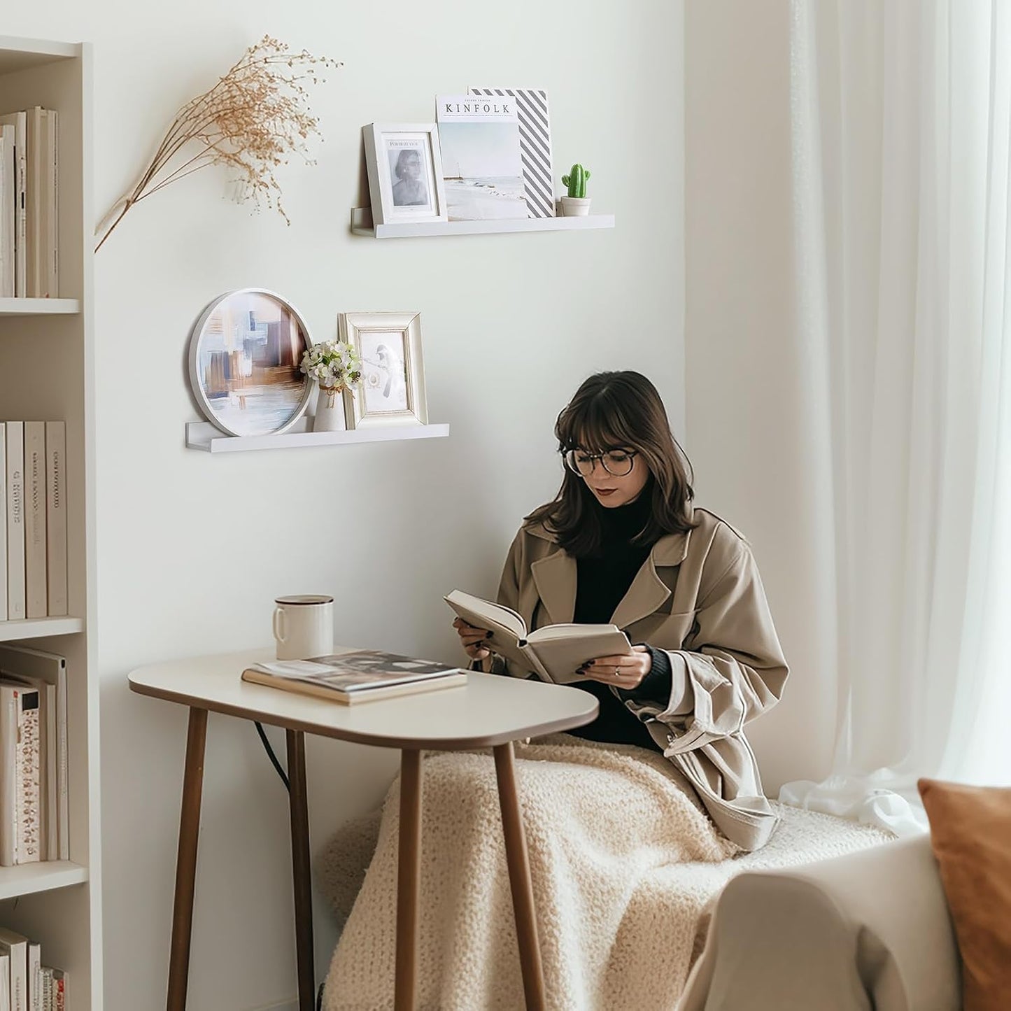 24 inch Long Shelf for Wall: White Wall Book Shelves for Bedroom Kids - Narrow Floating Shelves for Picture Photo