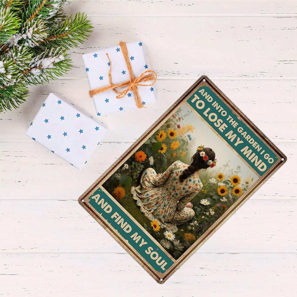 Funnysign Garden Gifts Vintage Metal Tin Sign – “And Into the Garden I Go to Lose My Mind and Find My Soul” Rustic Floral Wall Art for Home, Patio, Garden Décor – 8x12 Inches (9849)