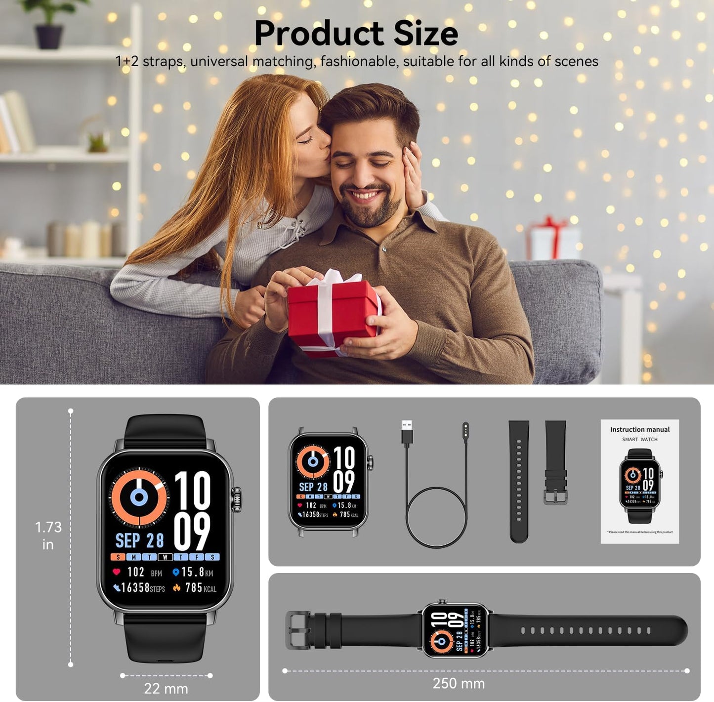 Smart Watches for Men Women, 1.83" HD Touchscreen with Bluetooth Calling, IP68 Waterproof Fitness Tracker, 120+ Sport Modes, 24/7 Heart Rate & Sleep Monitor, Compatible with iPhone Android (Black)