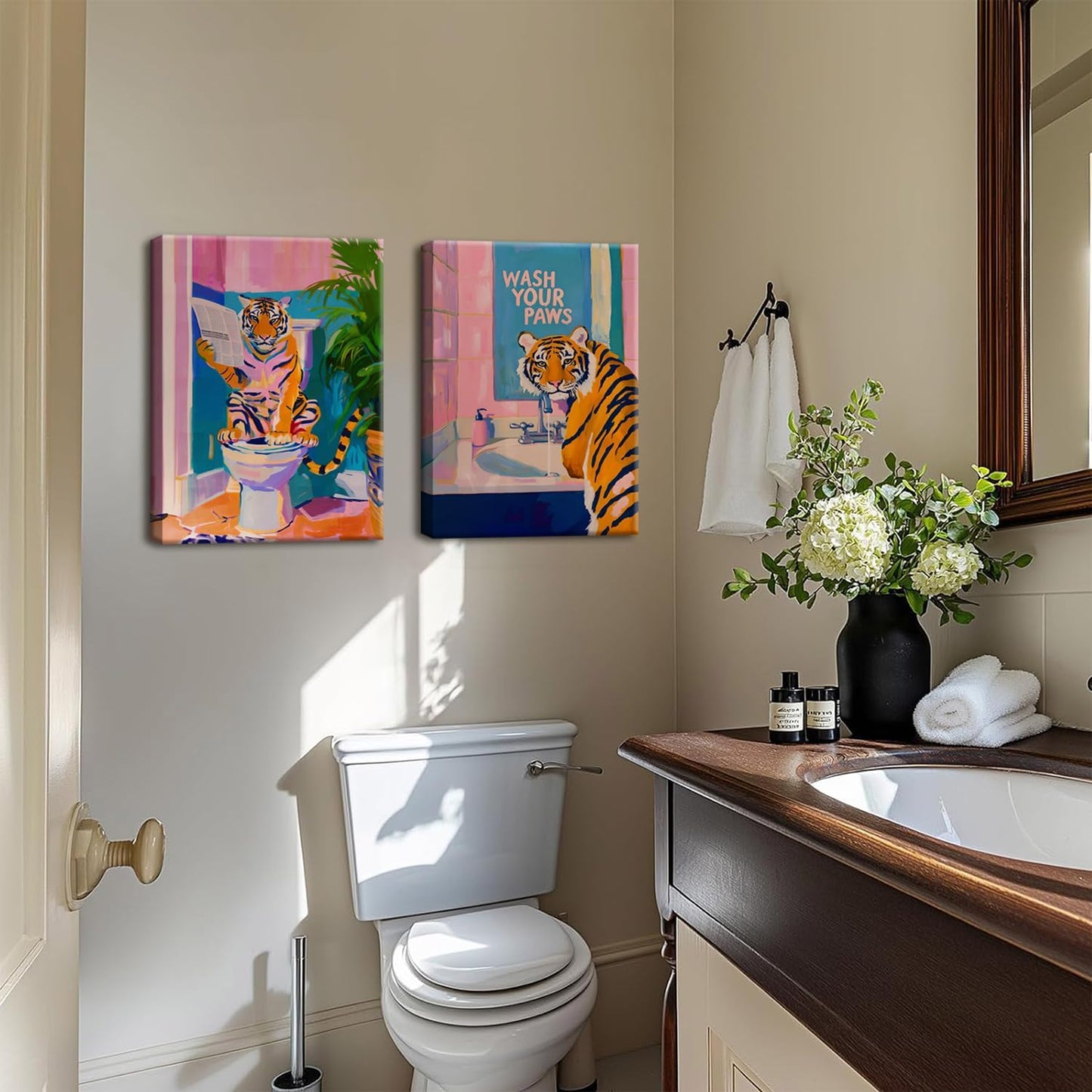 Funny Tiger Bathroom Wall Art Set of 3 Whimsical Tiger in Bathtub Canvas Wall Decor Painting Maximalist Animal Bathroom Poster Print Aesthetic 16x24 inch Framed