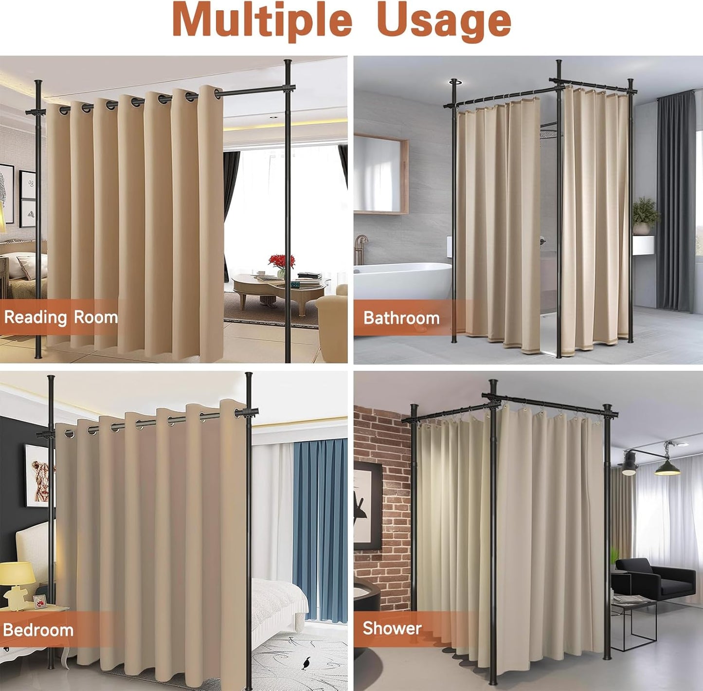 Room Divider for Room Separation,4-10ft(H) 28-140inch(W) Adjustable Temporary Privacy Wall Divider, Tension Curtain Rods No Drilling, Heavy Duty Partition Space Separator Freestanding,Black