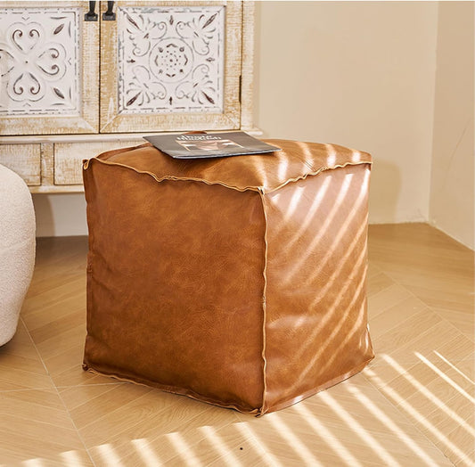 Faux Leather Unstuffed Pouf Ottoman, Square Pouffe Footstool Storage Stool, Pouf Sleeve Without Stuffing, Foot rest Suitable for living Room,Bedroom or Balcony(Size:17"D x 17"W x 15"H)No Filler