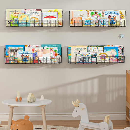 X-cosrack 24 Inch Wall Mounted Kids Bookshelf, Floating Metal Book Shelves for Kids Nursery Toddler Classroom, Hanging Book Shelf Organizer for Room Decor, Black, Set of 4