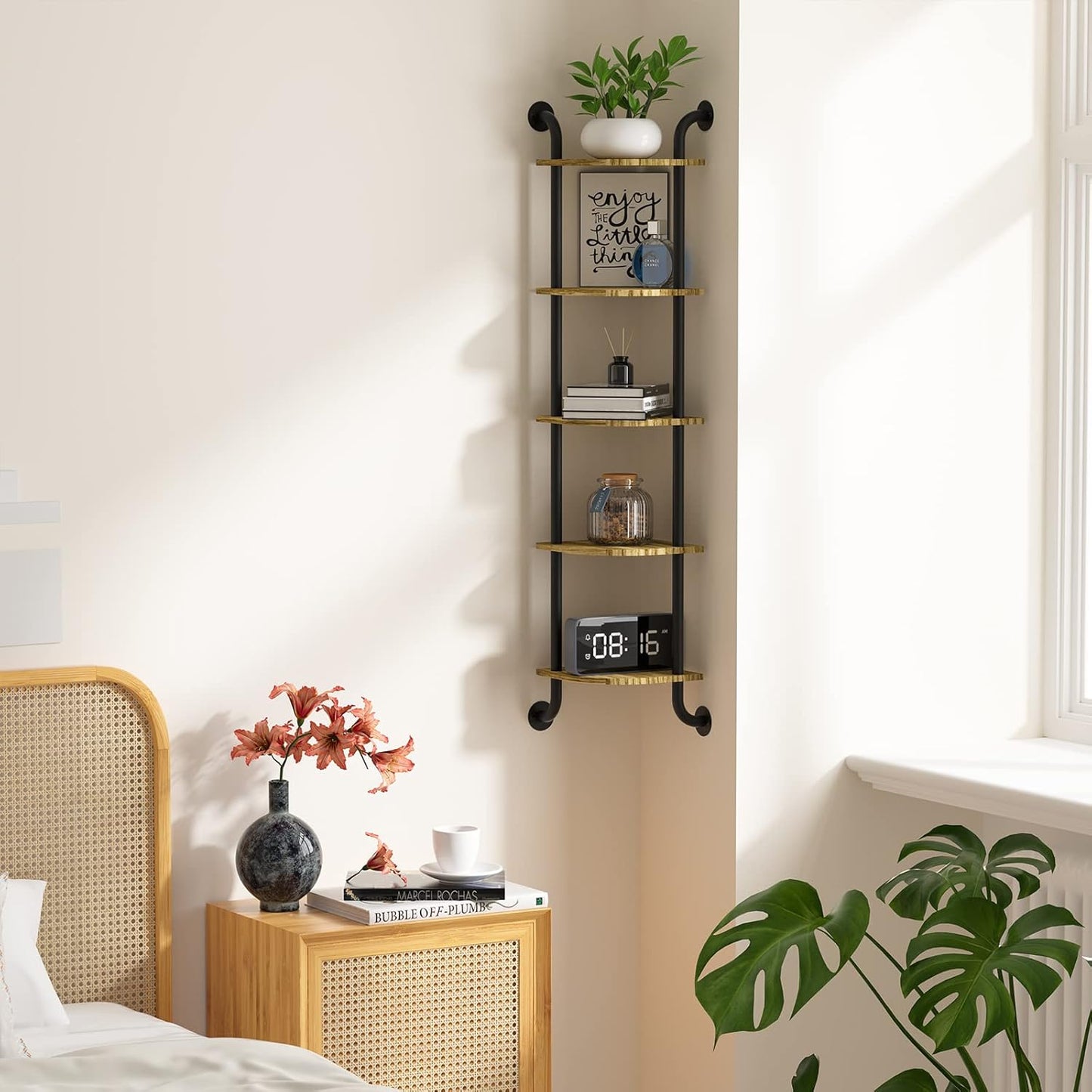 Corner Shelf Wall Mount 5-Tier, Wall Decor for Home Living Room Bedroom, Wall Corner Shelves Bookshelf, Rustic Industrial Pipe Shelves Thanksgiving Day, Brown