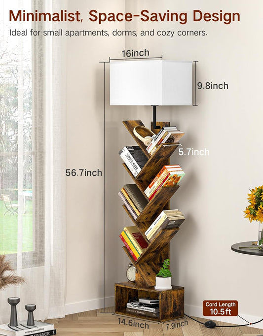 6 Tier Tree Bookshelf with Light, Remote & Timer, Modern Tall Floor Standing Book Shelf, Narrow Wood Bookcase, Small Book Organizer Shelves for Living Room, Bedroom, Office (Rustic Brown)
