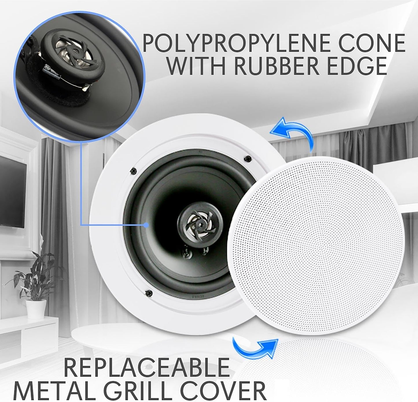 Pyle 6.5” Pair Bluetooth Flush Mount In-wall In-ceiling 2-Way Speaker System Quick Connections Changeable Round/Square Grill Polypropylene Cone & Polymer Tweeter Stereo Sound 150 Watt (PDICBT652RD)