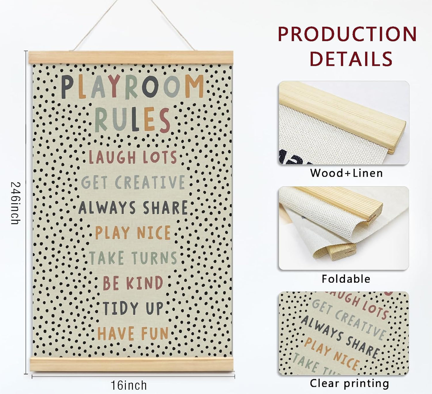 Playroom Kids Tollder Room Wall Decor, Play Room Rules Wall Decor for Kids Play Game Room Bedroom Nursery Home School Playroom Essentials, Canvas Hanging Banner Wood Poster Frameds,16x24 Inch