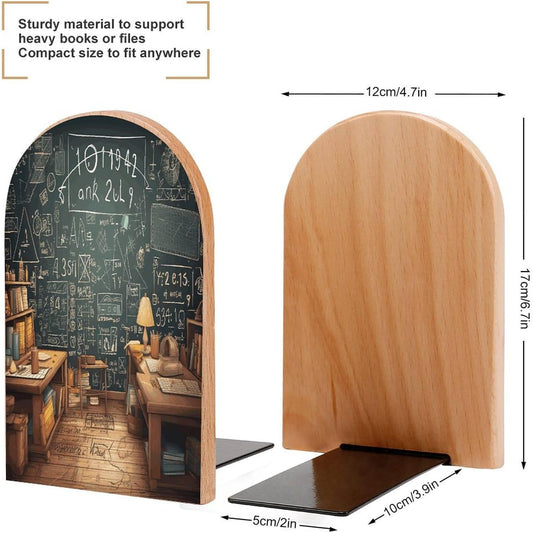 School Math Wooden Bookend Non-Slip Book Ends Heavy Duty Book Stopper with Metal Base Books Holderd Decorative Bookends Stands Firmly for Office Supplies