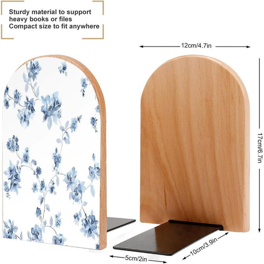 Blue Flower Floral Pattern Roses Wooden Bookend Non-Slip Book Ends Heavy Duty Book Stopper with Metal Base Books Holderd Decorative Bookends Stands Firmly for Office Supplies