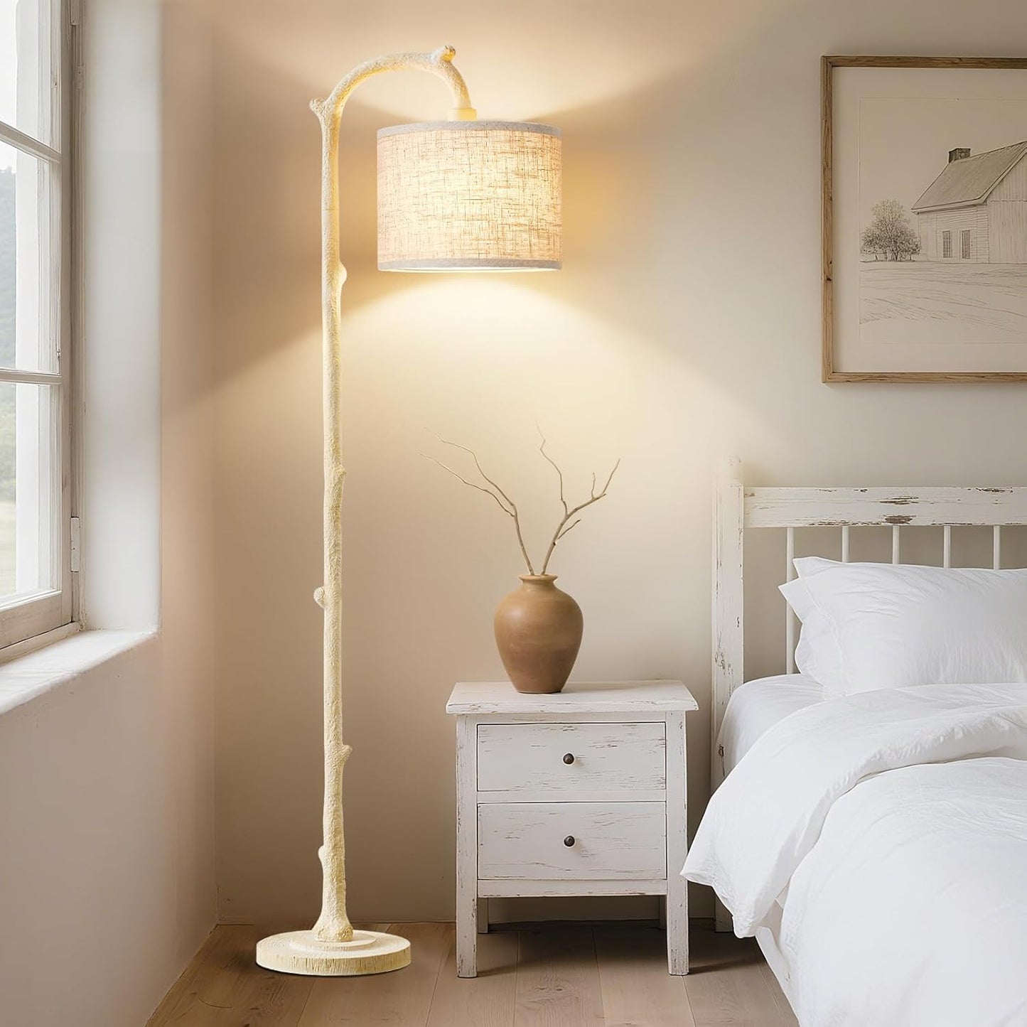 Floor Lamp for Living Room - 69" Rustic Farmhouse Tall Lamp with Adjustable Color Temperatures- Country Resin Vintage Reading Light Standing Lamps for Bedroom Office Home Decor, Almond White