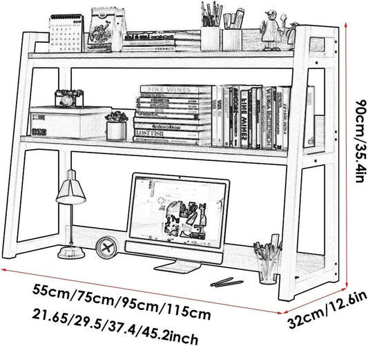 Metal Frame 2-Tier Countertop Hutch Bookcase Organizer – Desktop Bookshelf for Home Office Storage & Display Rack (Size: 95cm) – Modern Industrial Design