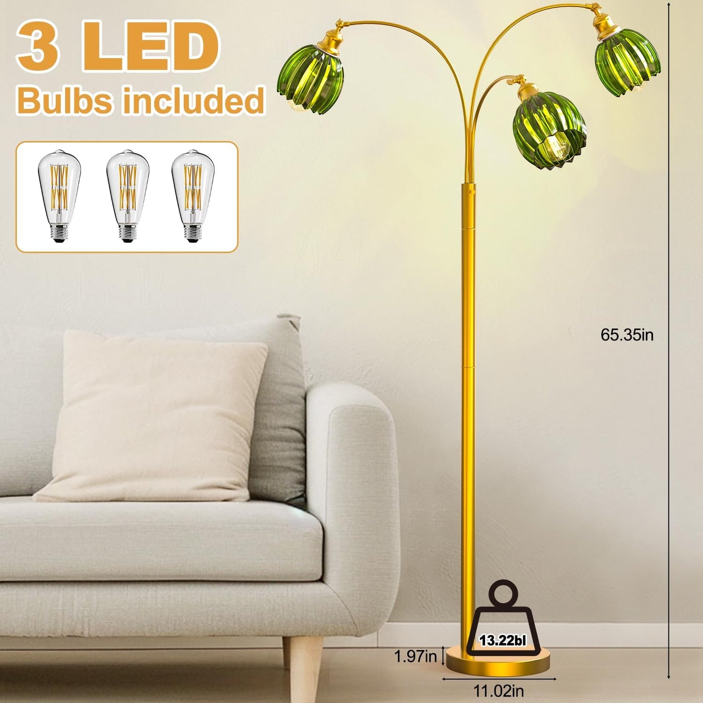Arc Floor Lamps for Living Room, Gold Dimmable Floor Lamp with Green Flower Glass Shades and 3 Brightness Lights, Adjustable Arm, Modern Tree Tall Standing Lamp Corner Arched Light for Bedroom Decor