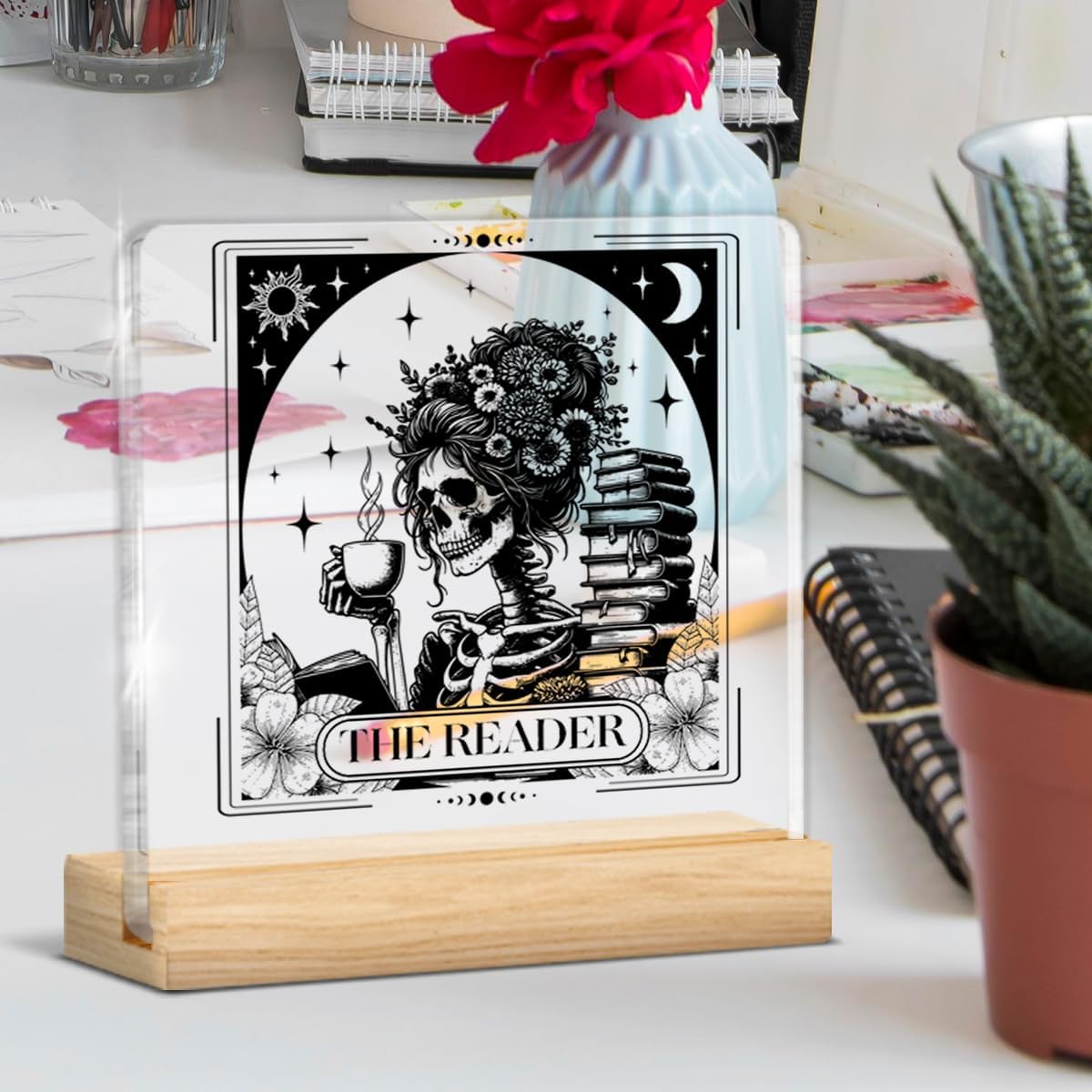 Reader Gifts for Women, Funny Gifts for Book Lovers Reading Lovers Bookworm Librarian, the Reader Tarot Card Acrylic Desk Sign Home Decor Reading Room Clear Desk Sign