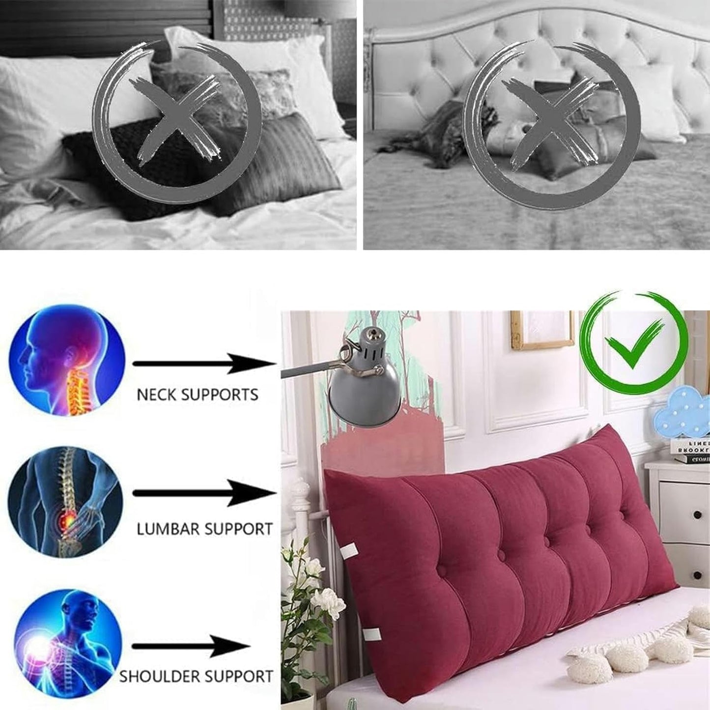 Headboard Pillow, Detachable Bolster Lumbar Pad Tatami Reading Cushion Soft Linen Cover Fluffy Body Pillow Bed Head Cushion Bed Rest Pillows(Red,80 * 60 * 20cm)