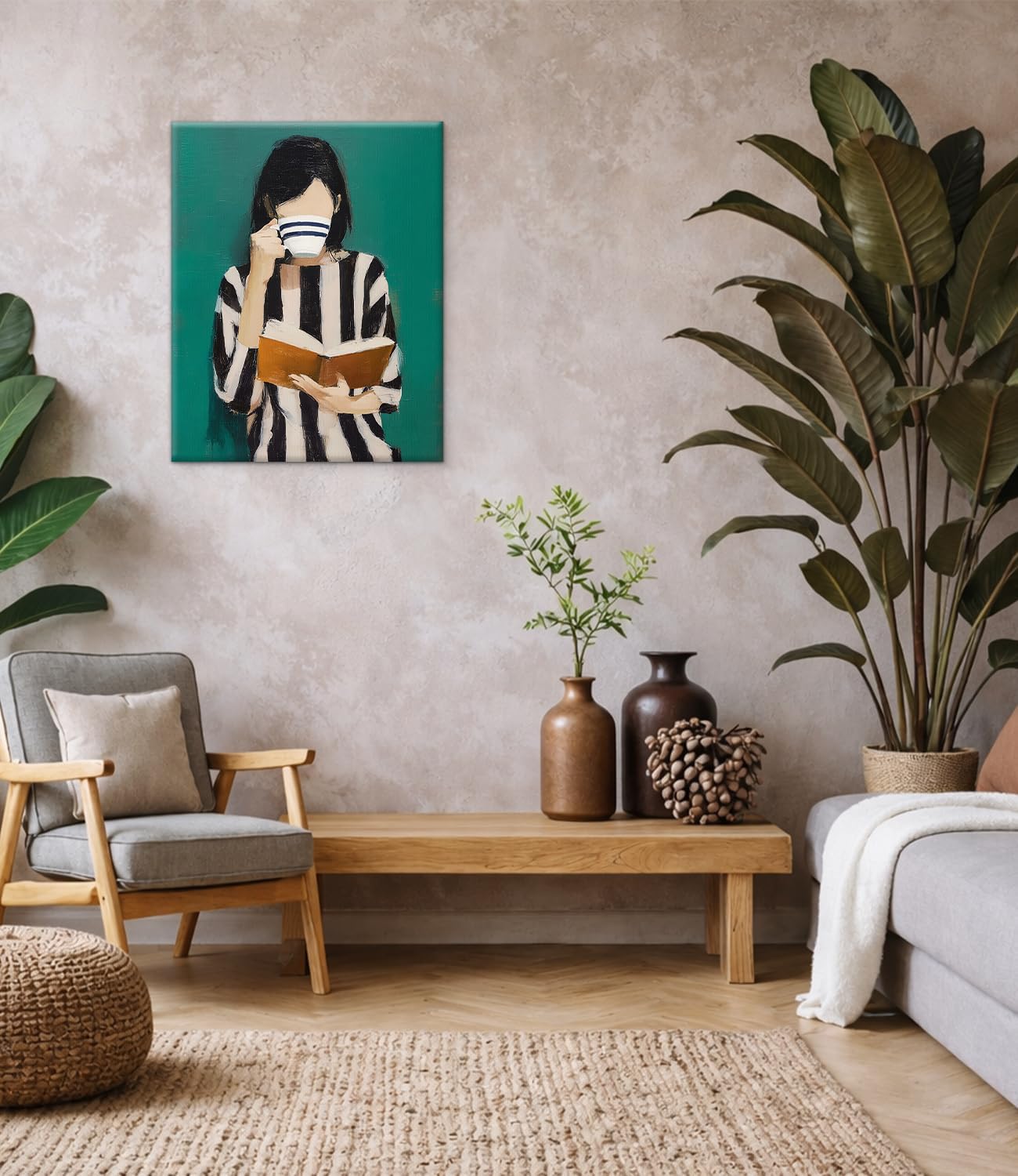 Green Reading Woman Wall Art Print - Bookish Woman Canvas Poster Painting - Book Lover Gifts Wall Decor for Home Living Room Study 8x10 Inch Framed