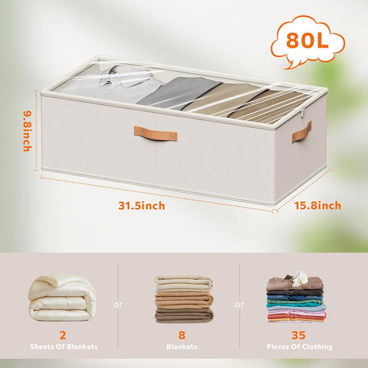 10inch 3 Pack Under Bed Storage Containers, 10 Inch Tall Underbed Clothes Storage Organizer Bin with Clear Window,Foldable Box Basket for Clothes, Closet, Bed Sheets and Blankets White