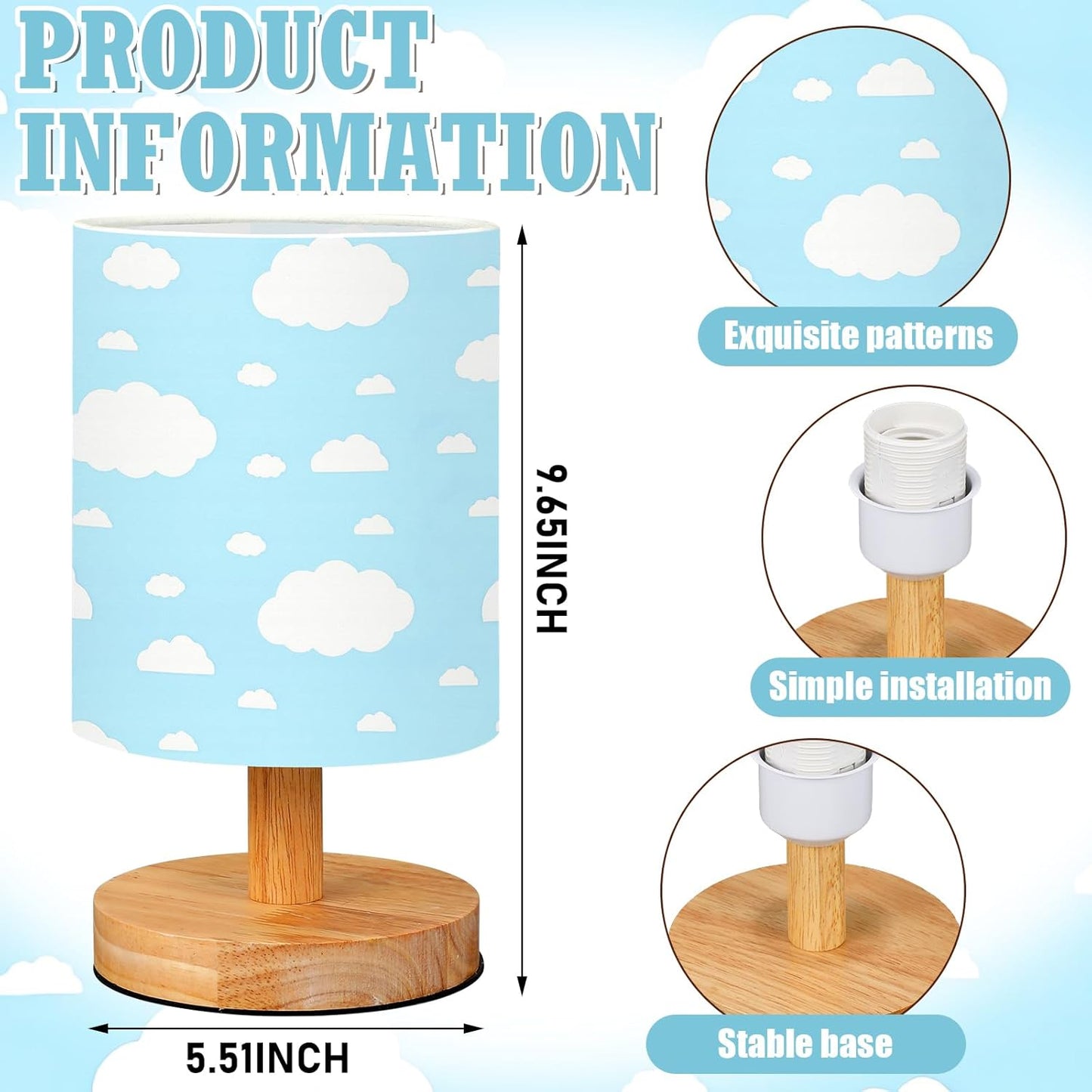 VIHOSE Cloud Kids Table Lamp for Bedroom Kids Bedside Lamp with Linen Wooden Nightstand Cartoon Nursery Lampshade for Girls Boys Living Room