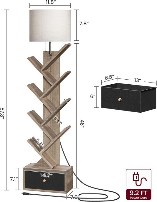9 Tier Tree Bookshelf with Light and Drawer, Floor Standing Bookshelf Storage Organizer for Books/CDs, 9 Shelf Small Bookcase for Bedroom, Living Room, Taupe