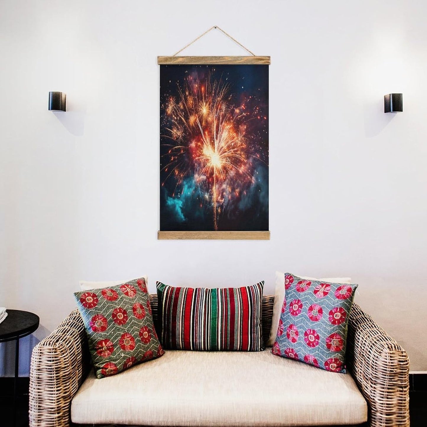 Vintage Explosion Firework Poster with Wooden Frame Personalized Linen Hanging Scroll Painting Rustic Wall Hanging Illustrative Modern Artwork Decor for Home Living Room Bedroom Office