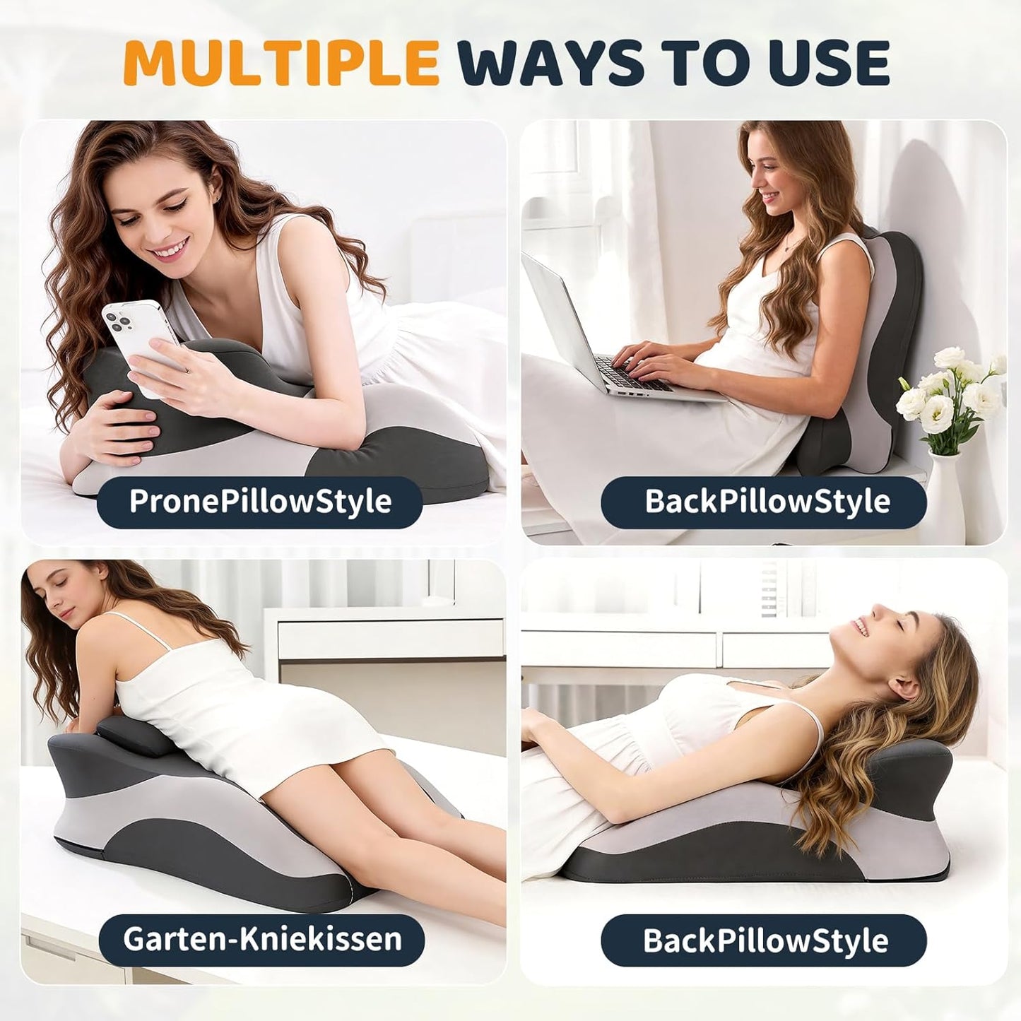 Memory Foam Ergonomic Wedge Pillow, Prone Pillow for Sleeping, Squat Pillow, Reading Pillow for Bed, Ideal for Massage, with Removable Cover, Back Support, Multi-Functional Memory Foam (Grey)