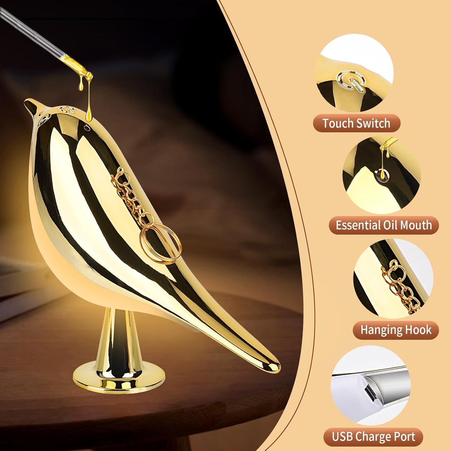 YOTOZU Small Bird Desk Lamp,3 Color Temperatures LED Night Light,Rechargeable Table Lamps Cordless Portable Lighting Bedside Lamp with Aroma Diffuser Function for Bedroom Decor Perfect Gifts(Gold)