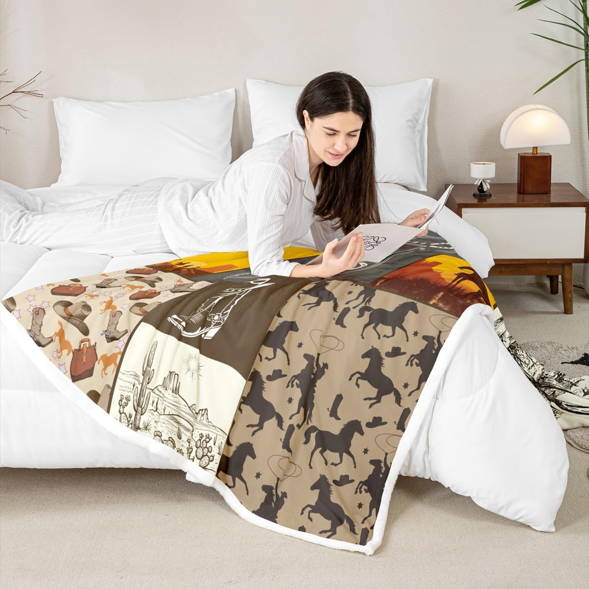 Western Cowboy Kids Throw Blanket,Cowboy Boots Horseshoe Farmhouse Bed Blanket for Boys Girls Adults,Cow Skull Cactus Rustic Fleece Blanket,Brown Retro Fuzzy Blanket,Throw Size (50 x 60 Inches)